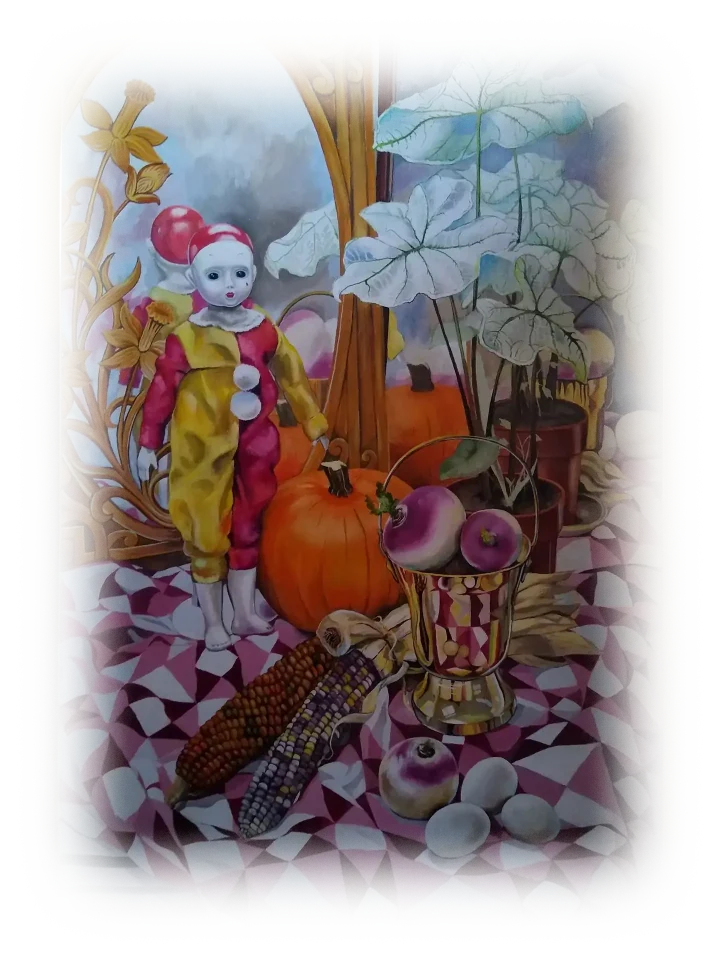 A porcelain clown dressed in red and yellow with a delicate white face, red lips and dark eyes poses next to a pumpkin, a gold bucket of radishes, a potted plant with big white leaves, two cobs of multi-colored corn and three eggs. The surface is covered with a freely arranged sheet with triangular multicolored pattern - pink, white and dark purple. The background has two mirrors that reflect the back of the objects. One of the mirros has an elaborate wooden frame depicting flowers on its edges.