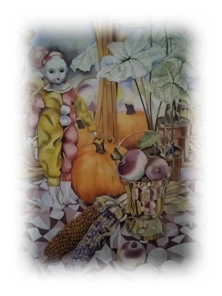 A porcelain clown dressed in red and yellow with a delicate white face, red lips and dark eyes poses next to a pumpkin, a gold bucket of radishes, a potted plant with big white leaves, two cobs of multi-colored corn and three eggs. The surface is covered with a freely arranged sheet with triangular multicolored pattern - pink, white and dark purple. The background has two mirrors that reflect the back of the objects. One of the mirros has an elaborate wooden frame depicting flowers on its edges.