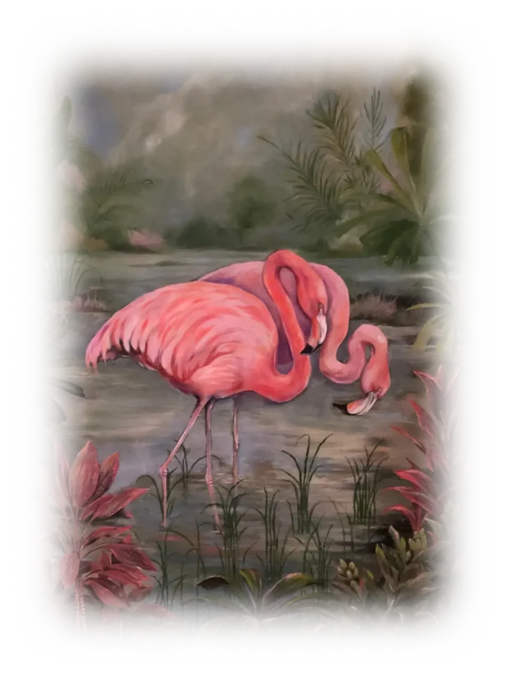 A profile view of two flamingos, one in front of the other, walking in a tropical swamp or lake area. They can be seen clearly, but dense foliage of green and red leaves crowds the frame of the image. In the distance, a cloudy sky opens up above the swamp.