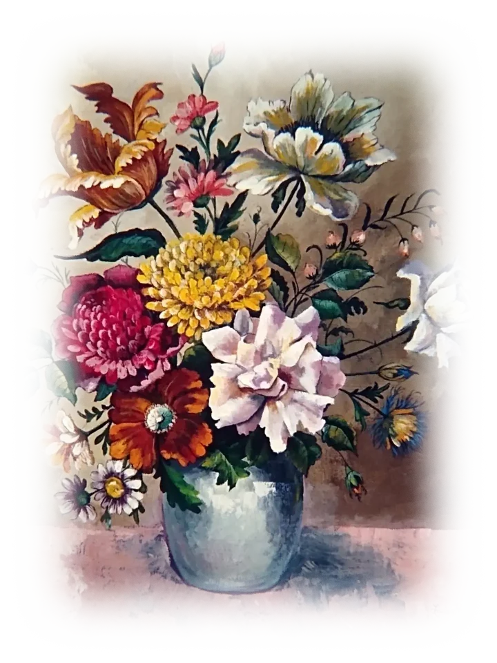 A vase containing flowers, with gentle whites contrasted by deep oranges, reds and the dark green of the leaves.