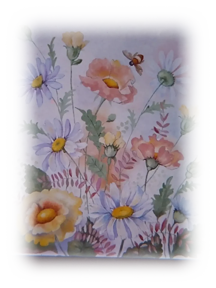 A large bee flies among pastel-colored flowers set against a whitish background into which the leaves seem to fade, as if it were fog.