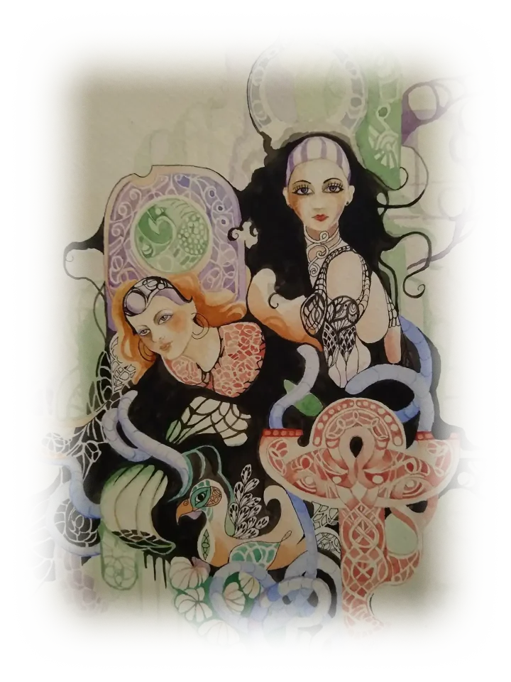 Two women in ornate headpieces and jewelry. A colorful burd sits in front of them. The women are only visible from the chest up and they blend together with tendrils, flowers and abstract patterns to create a larger pattern.