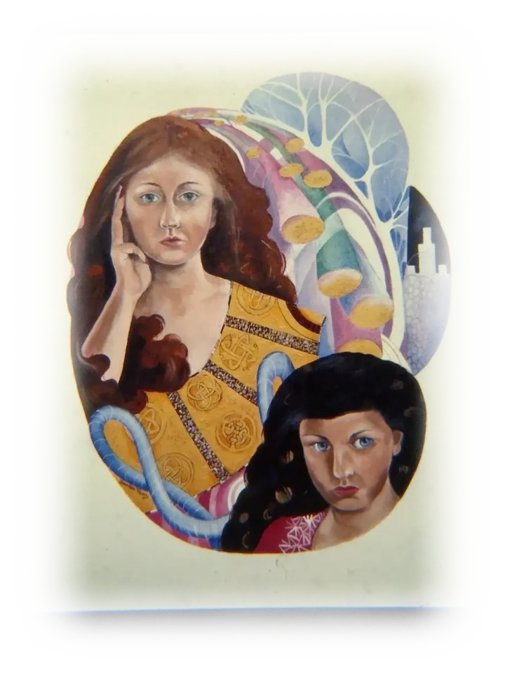 Two versions of the artist with different hair and eye colors. Between and behind them there are multicolored curved stalks and something like a castle in the background