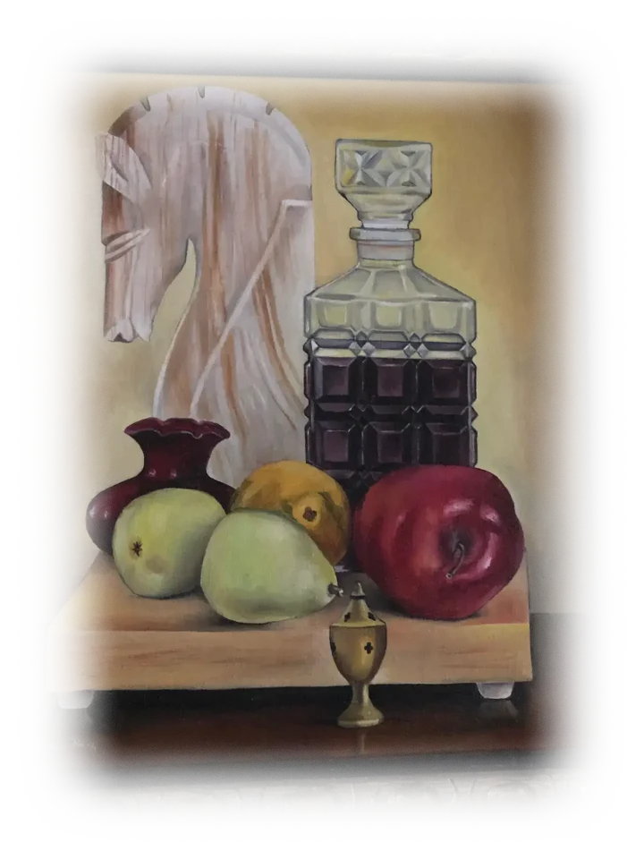 A marble or ivory bookend resembling a horse or a chess knight sits on a wooden platform together with a glass bottle containing a dark red liquid. In front of them, on the platform, are four pieces of fruit - pears and apples - and a red, glass container, short, round and with a narrow opening that blossoms outward.
