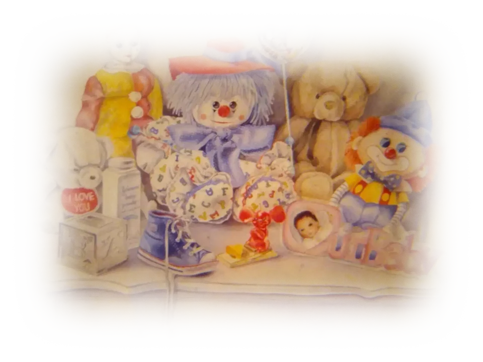 On top of a white dresser, the following objects are collected. In the foreground: a cube-shaped bank made of metal with the letters A and B visible on its sides. A bottle of Johnson's baby powder. A single, blue sneaker, laces untied. A red mouse doll sitting on a fake mousetrap with fake cheese. A picture frame that spells 'Our Baby' with a picture of a dark-haired baby inside of the 'O'. In the background are a small white teddy-bear with a bib that has 'I LOVE YOU' written on it, a ceramic clown doll in red and white, two colorful clown dolls made of cloth and yarn, and a brown teddy-bear with a dark brown ribbon around its neck. An aluminum balloon on a stick is between them.