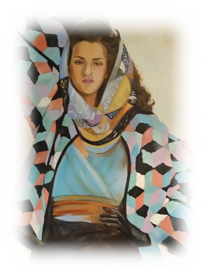 A young woman, the artist's daughter, poses with one hand on her head and the other on her waist. Her clothes are reminiscent of traditional middle-eastern garments, but more colorful. Her shirt is a simple turquoise garment folded over and tucked into a cloth, brown belt. Over it she wears a loose, quilted jacket with a multicolored diamond pattern: black, turquoise, purple, pink and salmon. Her shawl consists of many differnt complex patterns patched together. Her expression is cool and confident, perhaps distant.