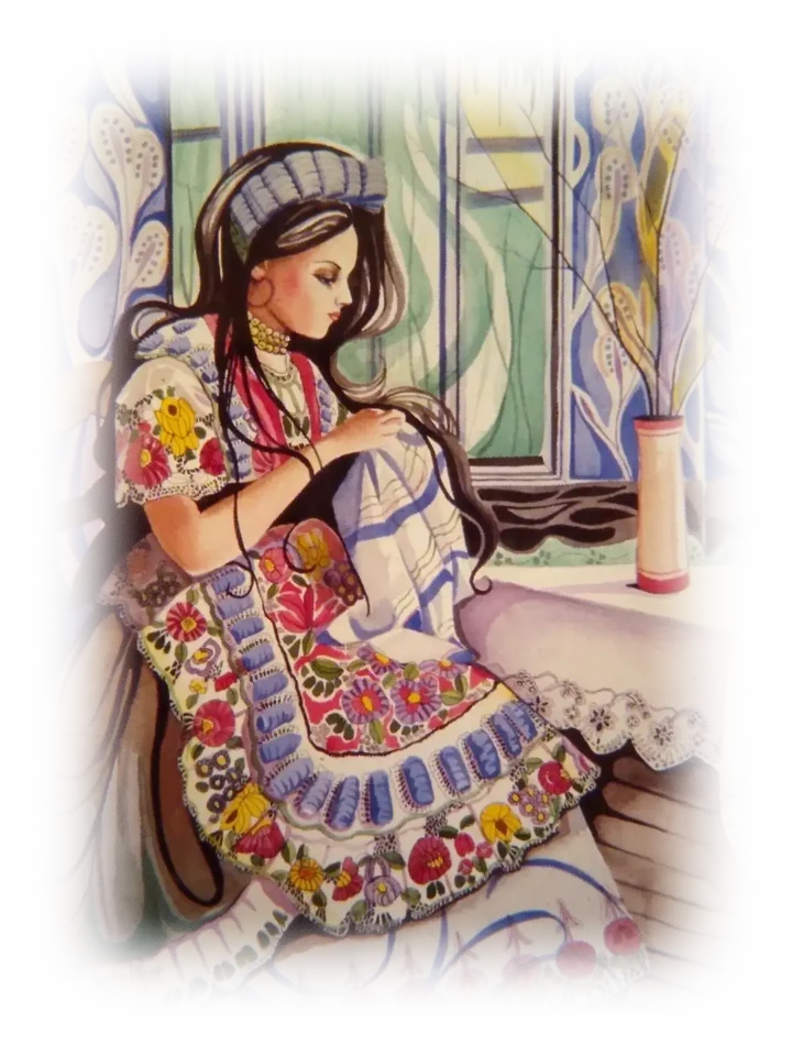 A woman with long, dark, wavy hair sits at a table holding a cloth. The woman's dress, the cloth and the background wallpaper are all very ornate and colorful. A thin vase on the table holds a few branches completely devoid of leaves or flowers.