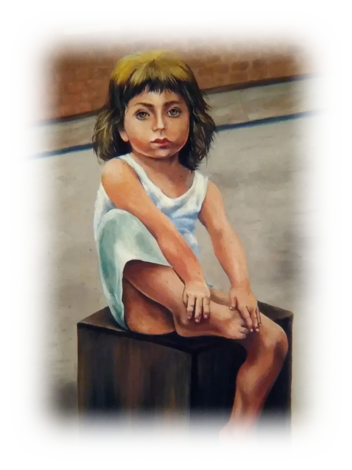 A young girl with sandy blonde hair, perhaps about seven years old, in a white, sleeveless garment, sits on a box. One of her feet is on the box and she touches it with the fingers of both hands.