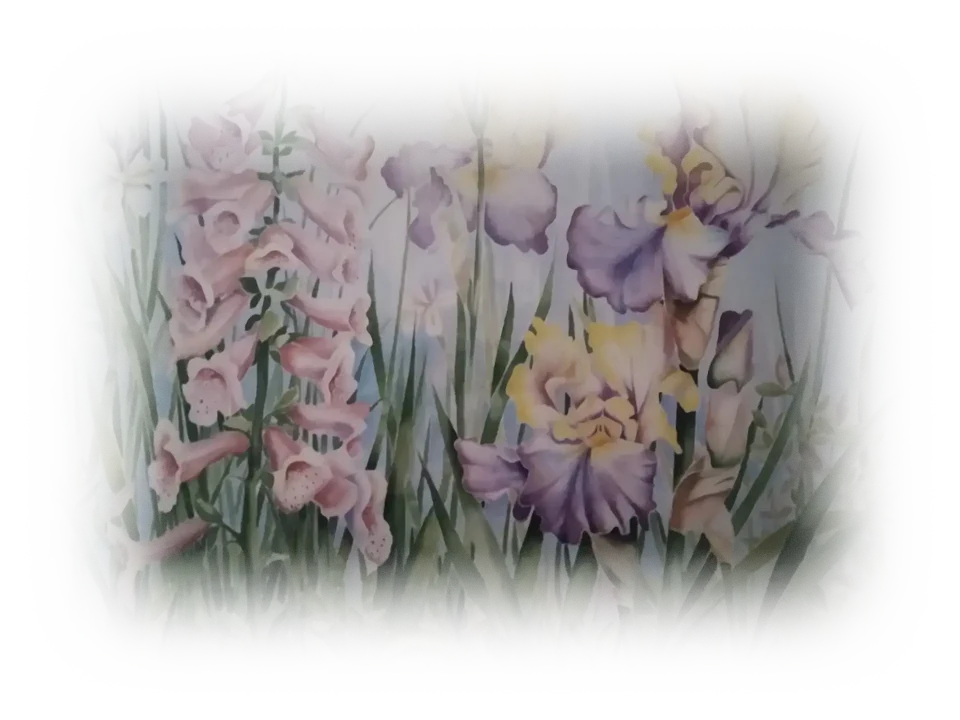 Orchids of gentle purple, pnk and yellow colors, fading into a foggy, white background.