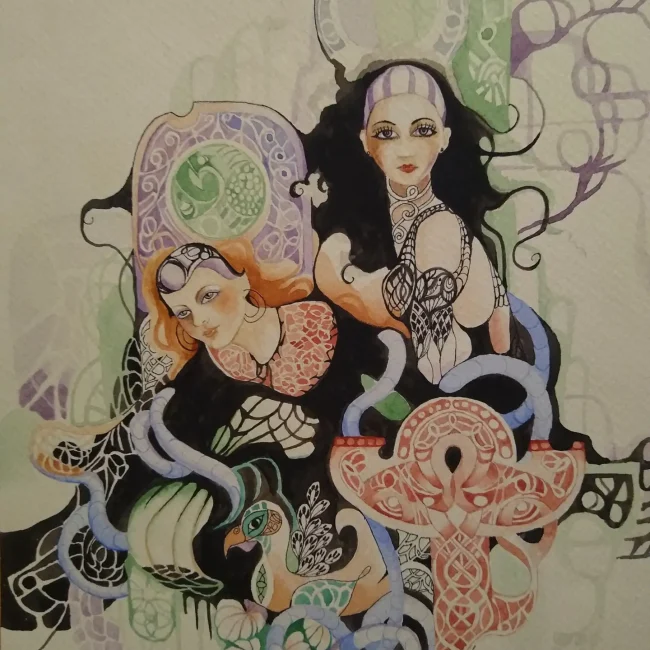 Two women in ornate headpieces and jewelry. A colorful burd sits in front of them. The women are only visible from the chest up and they blend together with tendrils, flowers and abstract patterns to create a larger pattern.