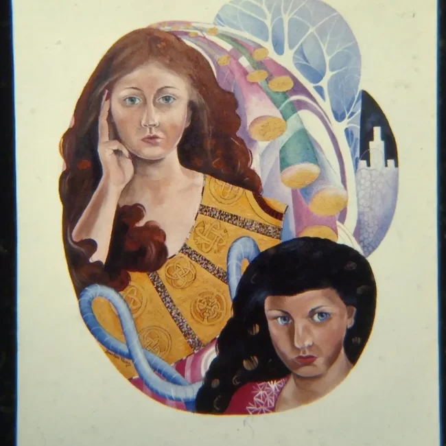 Two versions of the artist with different hair and eye colors. Between and behind them there are multicolored curved stalks and something like a castle in the background