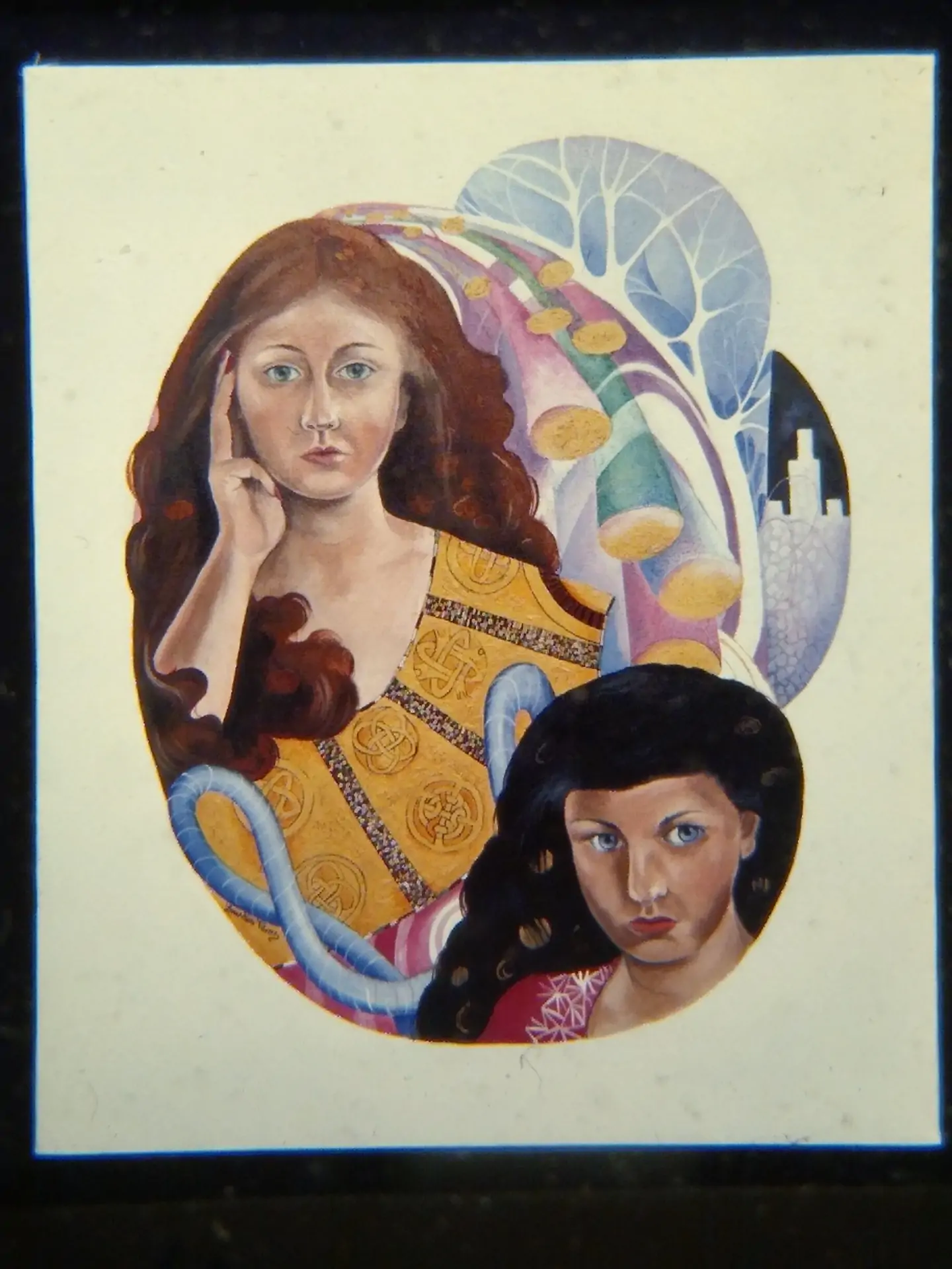 Two versions of the artist with different hair and eye colors. Between and behind them there are multicolored curved stalks and something like a castle in the background
